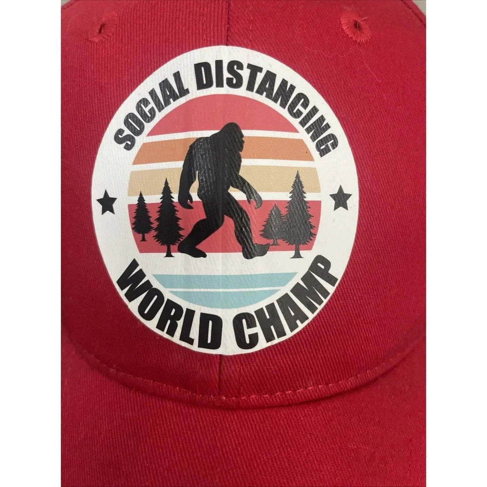 Bigfoot Squatch Social Distancing Red Hat One‎ Size Most Cotton 6 Panel Cap
